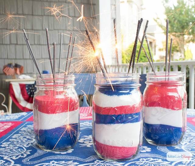 Patriotic Sand Art Mason Jar Decorations – AttaGirl Says - 4th of July Party Decor featured on Kenarry.com