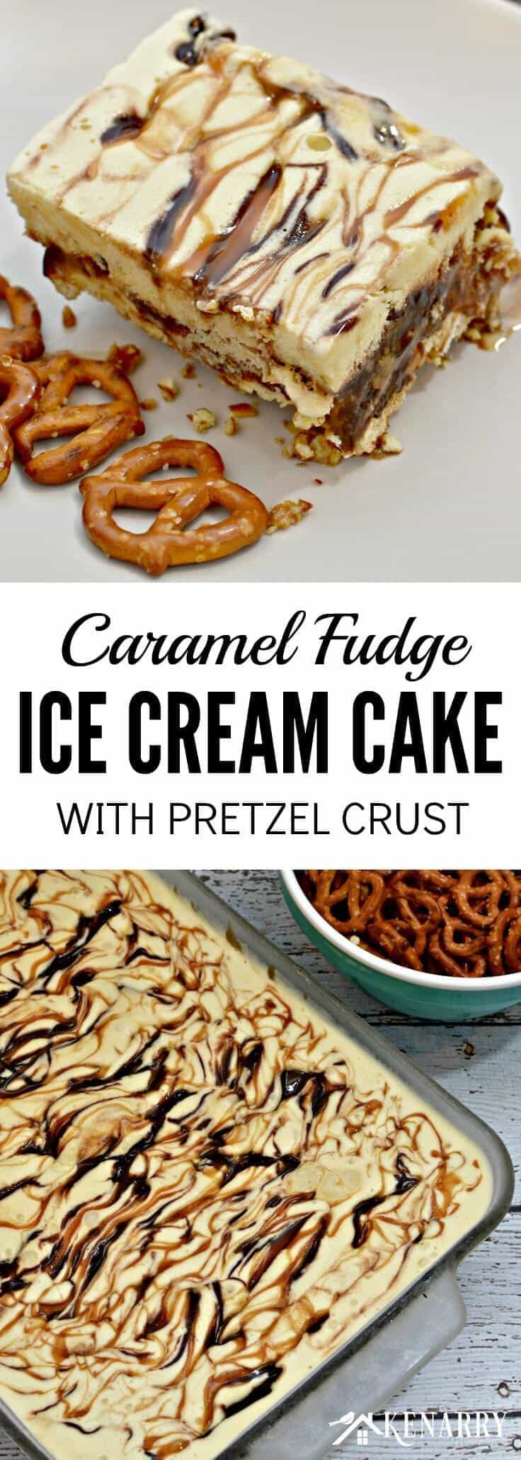 I can't wait to try this recipe idea for Caramel Fudge Ice Cream Cake with a pretzel crust! It looks like a delicious chocolate dessert for a hot summer day or a party with friends.