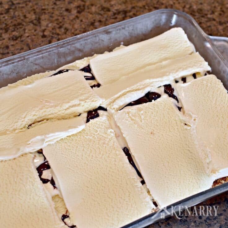 Another layer of vanilla ice cream on the homemade ice cream cake.