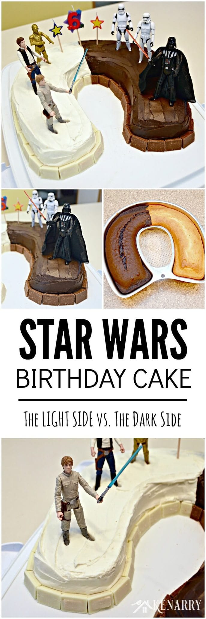 Love this idea for a Star Wars birthday cake! Half the cake is dark chocolate and half the cake is light and showcases my child's favorite characters, Luke Skywalker, Han Solo, C3PO and Darth Vader.