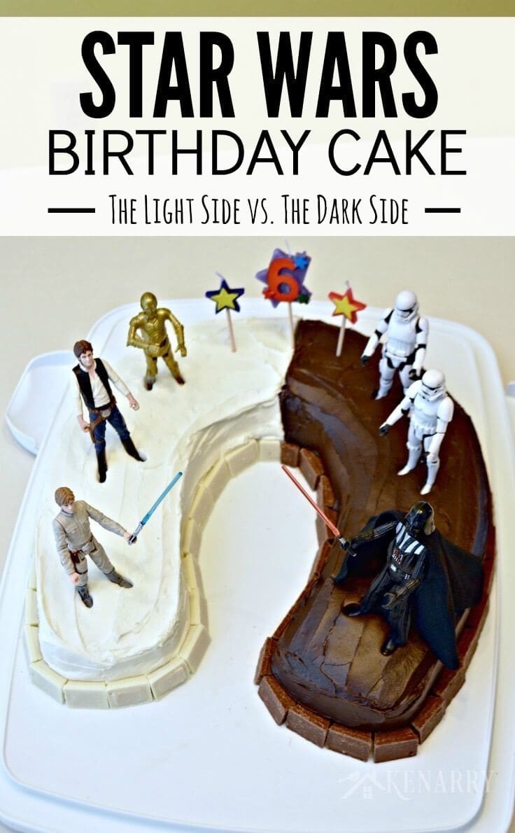 Love this idea for a Star Wars birthday cake! Half the cake is dark chocolate and half the cake is light and showcases my child's favorite characters, Luke Skywalker, Han Solo, C3PO and Darth Vader.