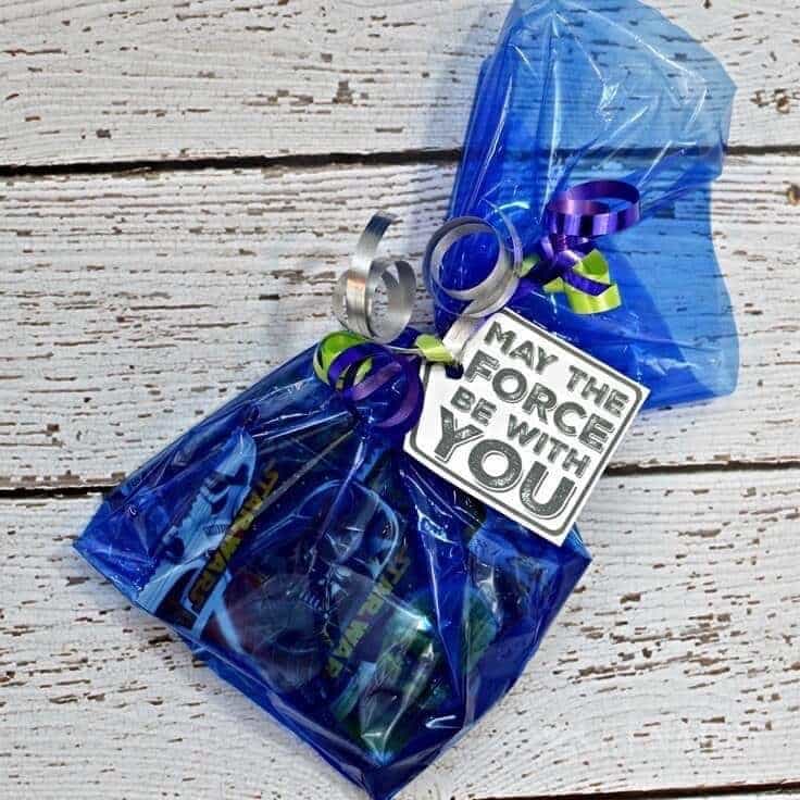 What a cute and easy idea for Star Wars party favors! Just fill a treat bag with Star Wars crackers, stickers, fruit snacks or trinkets then attach the free printable "May the Force Be With You" tags. My son would love to give these as a birthday treat or valentines at school!