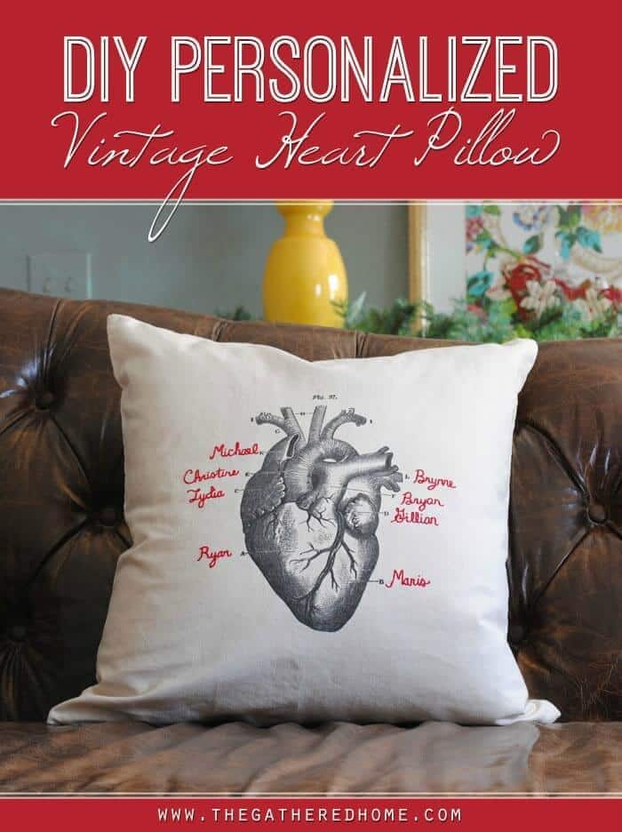 DIY Personalized Vintage Heart Pillow – The Gathered Home - 18 DIY Throw Pillow Tutorials featured on Kenarry.com