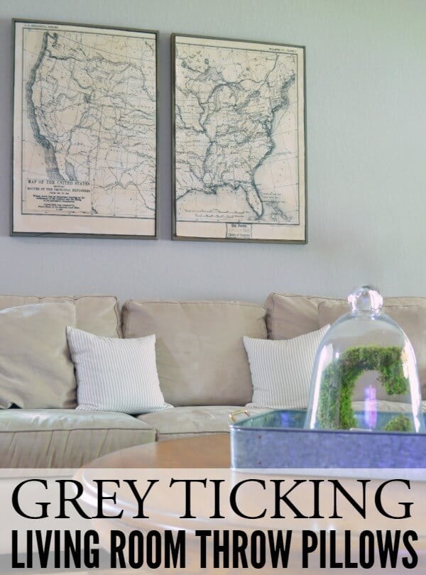 Grey Ticking Living Room Throw Pillows – Little Red Brick House - 18 DIY Throw Pillow Tutorials featured on Kenarry.com