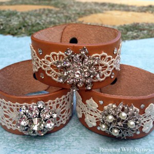 Learn to make Boho Chic Leather Bracelets using lace and rhinestone brooches.