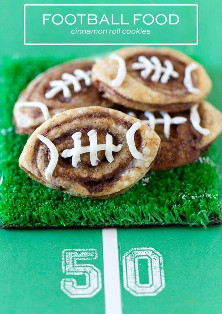 Tailgate Food: Football Cinnamon Roll Cookies – Pizzazzerie - 14 Football Shaped Food Ideas featured on Kenarry.com