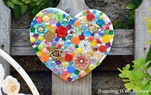 Make a mosaic garden heart using leftover tiles pieces of broken china, and flea market jewels. Making it with silicone means it's one step and no grout!
