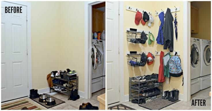 Adding coat hooks, hat racks and baskets to a mudroom or back hallway is a great idea to create organization out of chaos.