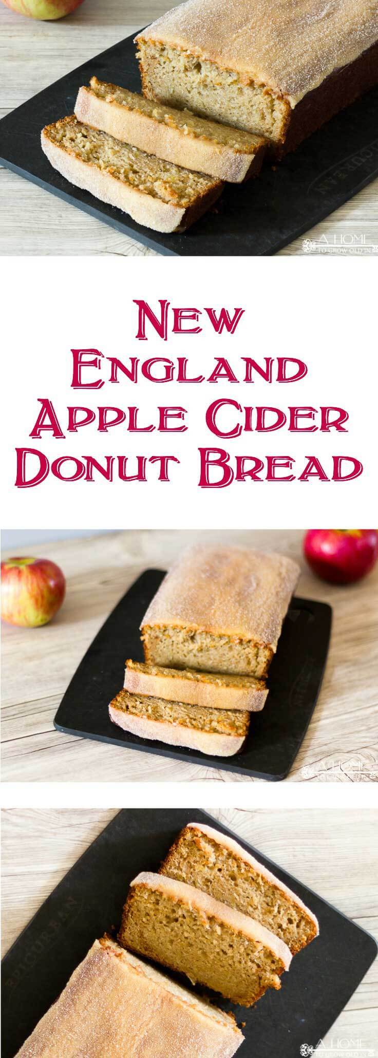 This apple cider donut bread recipe is a delicious twist on a New England fall classic! The bread is so moist, and the apple cider glaze with cinnamon sugar topping is mouthwatering! This is definitely one you'll want to pin for later!