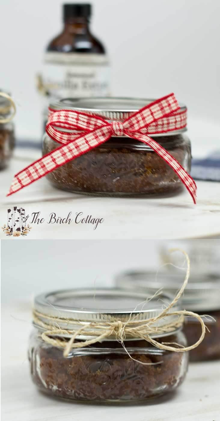 Vanilla Pumpkin Pie Spice Sugar Scrub by The Birch Cottage is made with vanilla, brown sugar, pumpkin pie spice and coconut oil. This sugar scrub is easy to make and the perfect Christmas gift!