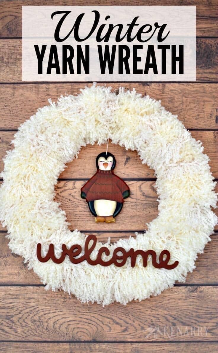 This white winter yarn wreath idea is gorgeous. It looks like an easy craft to make. I love how fuzzy and cozy it is as DIY home decor for Christmas or winter.