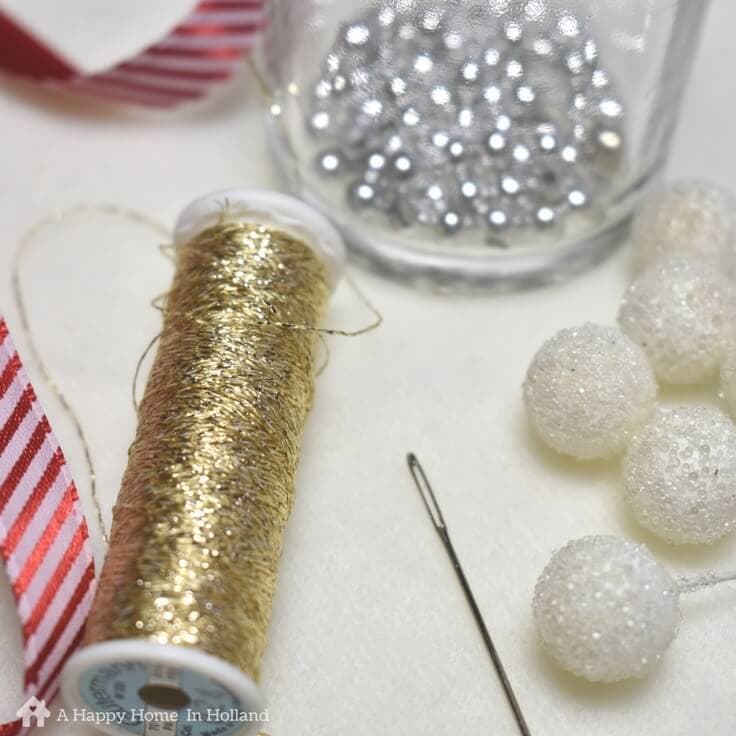 DIY Christmas tree decoration supplies - fleece, gold thread, silver beads and ribbon