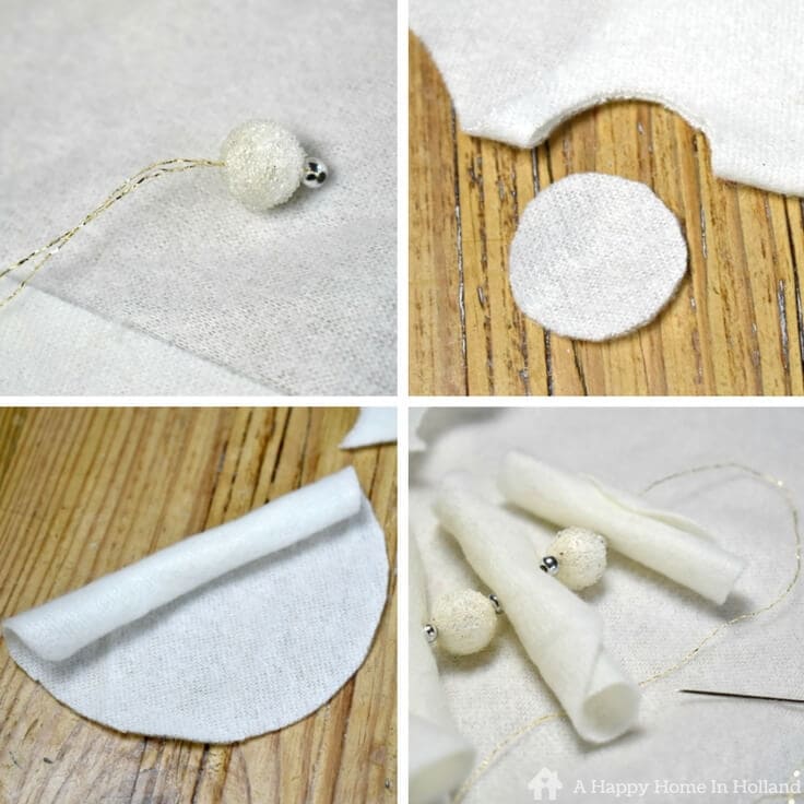 Small fleece circles that will become a DIY Christmas tree decoration. 