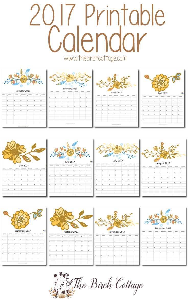 2017 Printable Monthly Calendar from The Birch Cottage