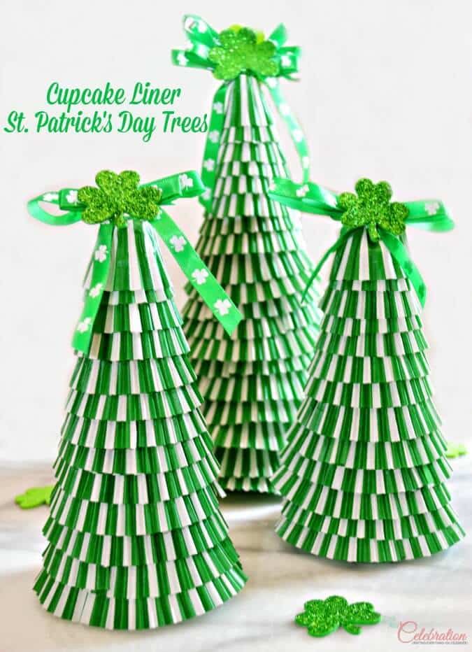 Cupcake Liner St. Patrick’s Day Trees – Little Miss Celebration - St. Patrick's Day Home Decor Ideas featured on Kenarry.com 