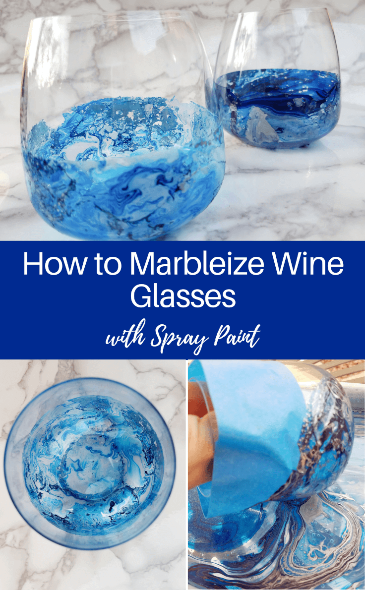 DIY marbleized wine glasses, a fun craft project using spray paint or nail polish and stemless wine glasses