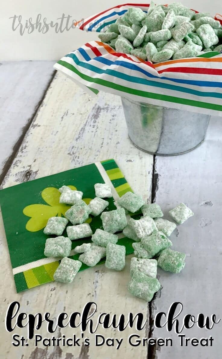 green puppy chow chex mix on a St. Patrick's Day napkin