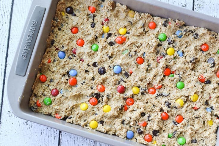 These Monster Cookie Bars are the perfect combination of soft and chewy, plus all of the deliciousness that monster cookies have packed into bite-sized bars.