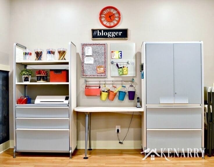 Love this craft room tour! So many colorful decorating ideas and easy organizing ideas that would work great for a kid's art room or a creative home office space.
