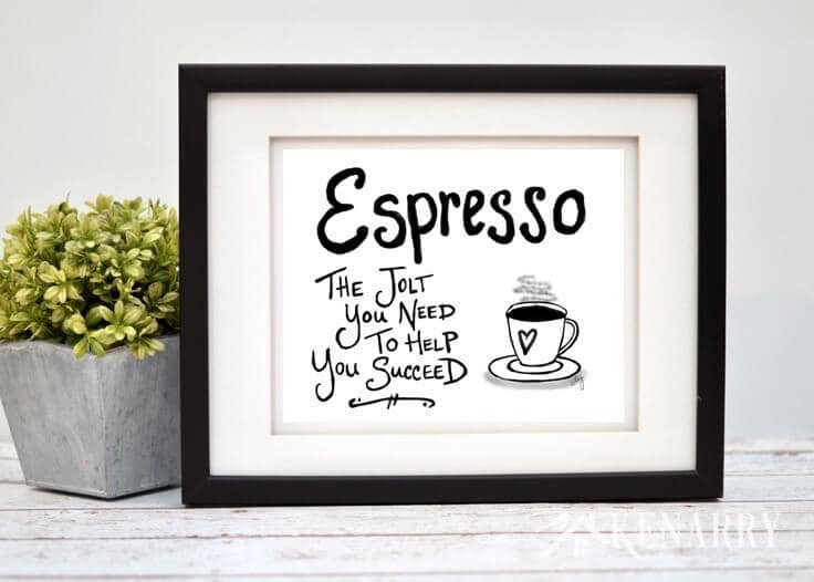 This digital printable espresso wall art would look so cute hung as kitchen prints, near a dining room or above a coffee bar to showcase your favorite hot beverage.
