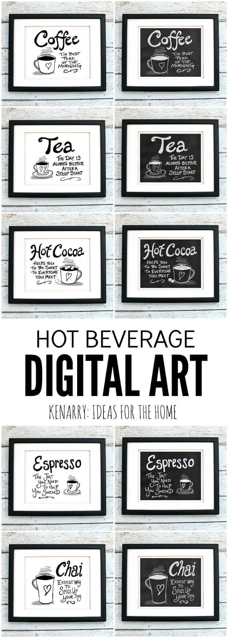 This digital printable coffee wall art would look so cute hung as kitchen prints, near a dining room or above a coffee bar to showcase your favorite hot beverage.