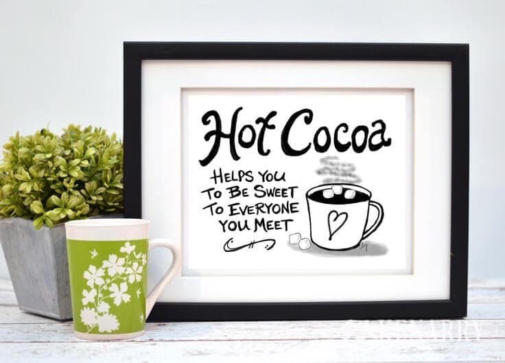 This digital printable hot cocoa wall art would look so cute hung as kitchen prints, near a dining room or above a coffee bar to showcase your favorite hot beverage.