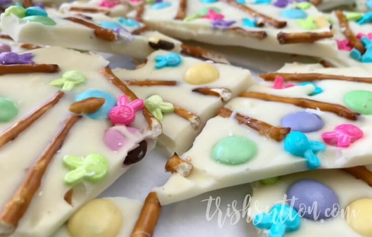 pretzel almond bark, decorated with Easter m&ms and sprinkles