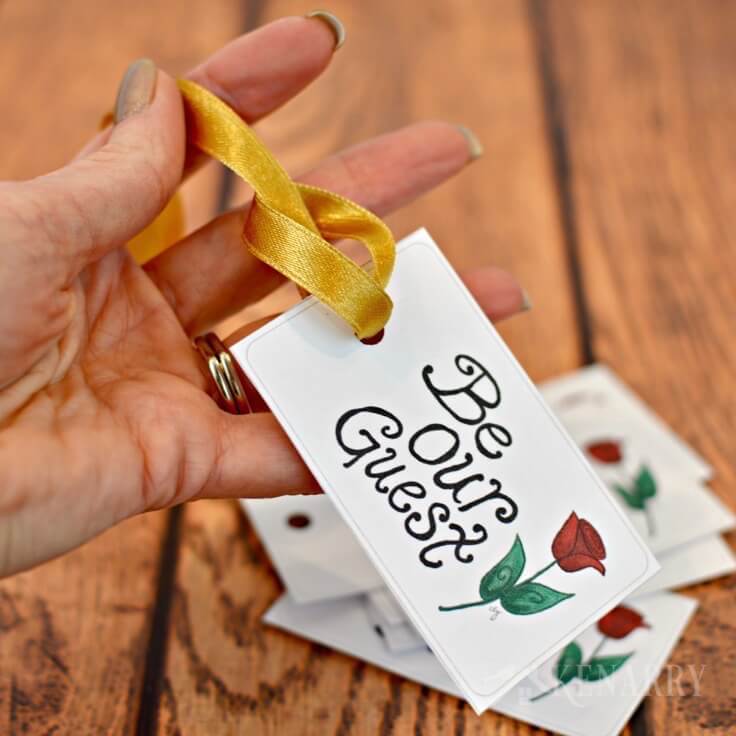 Attach these free printable Be Our Guest tags to Beauty and the Beast party favors for your Disney themed wedding or Disney princess birthday party -- or tie to treats for people staying in your guest room.