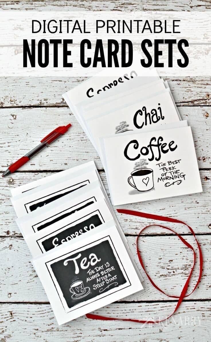 Digital printable coffee note cards are blank inside and showcase your favorite hot beverage with a cute original quote on the outside. Print a bunch at home and wrap them up as a gift for friends, hostesses, Mother's Day, Christmas, birthdays or teacher appreciation.