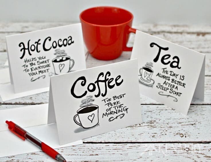 Digital printable coffee note cards are blank inside and showcase your favorite hot beverage with a cute original quote on the outside. Print a bunch at home and wrap them up as a gift for friends, hostesses, Mother's Day, Christmas, birthdays or teacher appreciation.