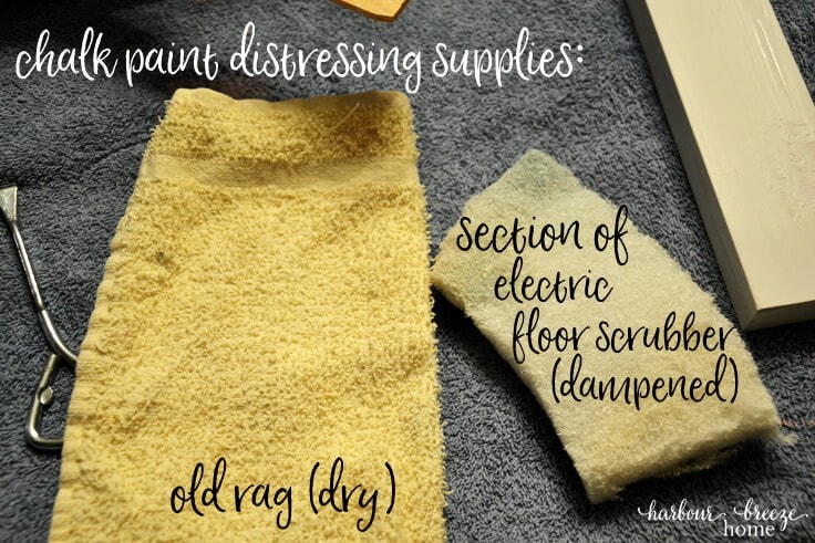 Farmhouse Style Picture Frame Tutorial - distressing supplies used are old dry rag, and section of electric floor scrubber