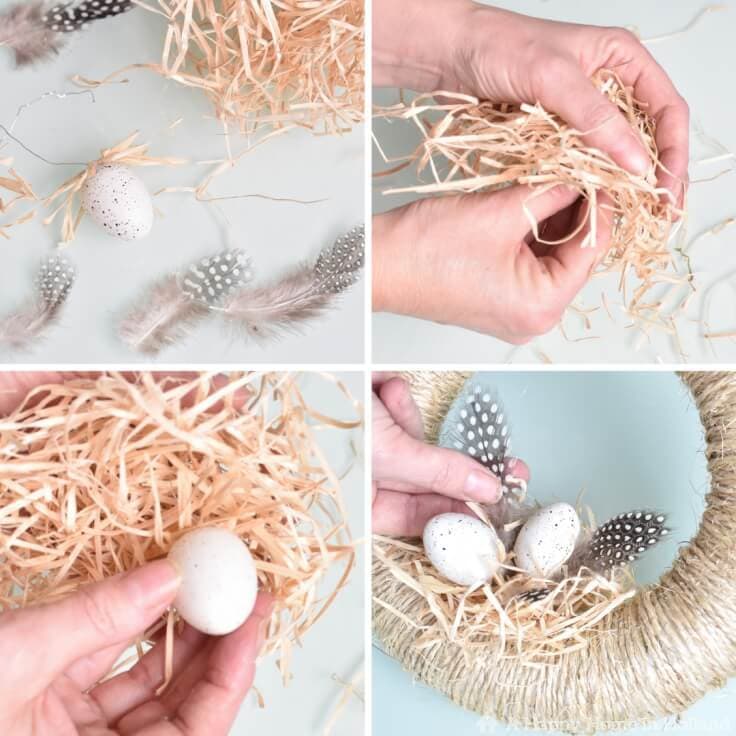 Adding straw and faux eggs to the spring wreath 