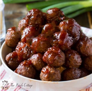 Barbecue Sauce and Grape Jelly Crockpot Meatballs recipe from The Birch Cottage