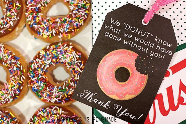 Free Printable: Donut Thank You Gift Tags – Happiness is Homemade - Teacher Gift Ideas featured on Kenarry.com