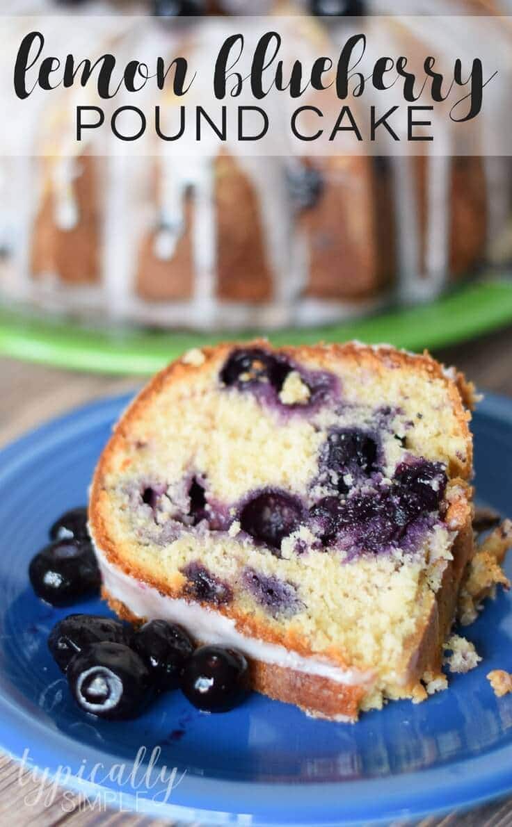 slice of lemon blueberry pound cake on a plate with a bundt cake in the background