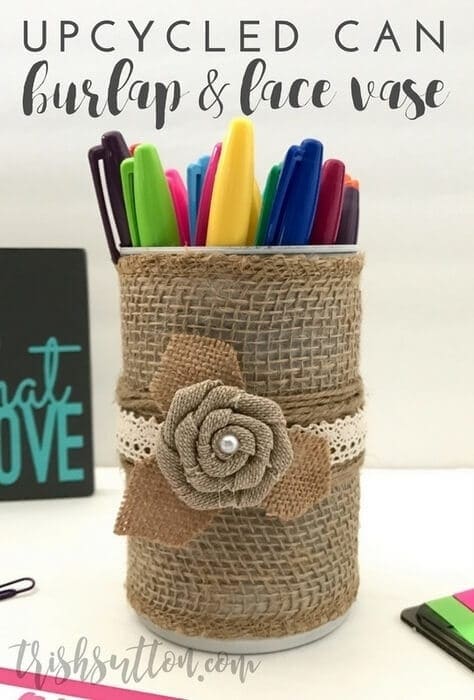 Simple Upcycled Can with Burlap and Lace Vase