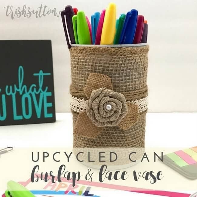 upcycled can using burlap and lace
