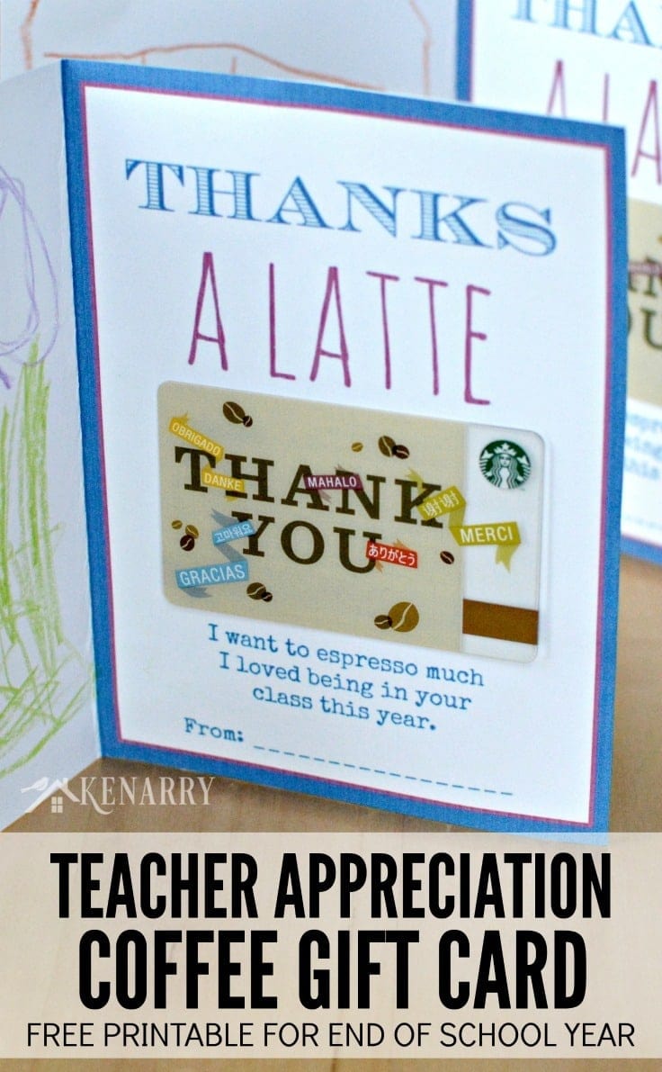 Free Printable Teacher Appreciation Card for the End of School. Attach a coffee gift card and have your child decorate to say "thank a latte" for a great year! - Kenarry.com