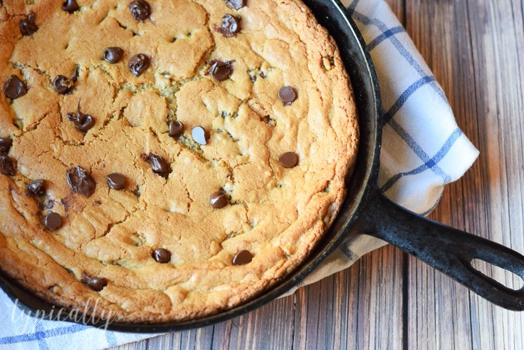 This skillet cookie recipe is a simple dessert recipe perfect for an after dinner treat! Top it with some vanilla ice cream and you have a yummy homemade dessert that the family will love!