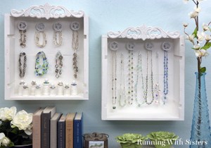 Upcycle wine creates into a shabby chic jewelry display!