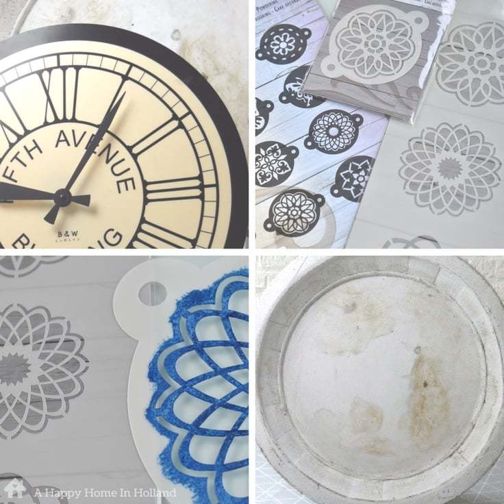 Tutorial showing how to transform an old plastic wall clock using acrylic paint and patterned stencils. 