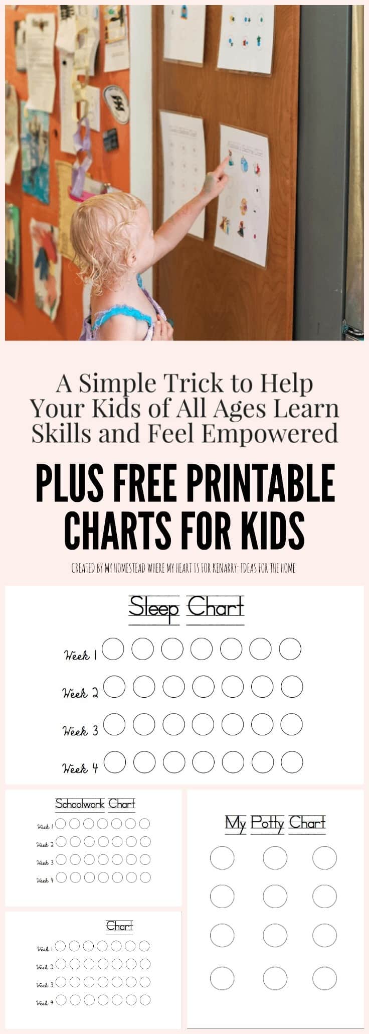 This simple technique and free printable charts will help you empower your child to start and maintain any good habit or behavior you choose! It includes a free printable sleep chart, free printable schoolwork chart, free printable potty training chart and a blank free printable chart to make your own.