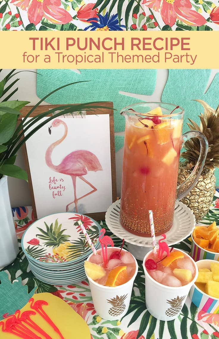 This trendy summer pink fruit punch is a fun, easy-to-make non-alcoholic beverage. It's perfect for a kid's luau birthday party, or add some rum for an adult-only alcoholic drink. #summerdrink #fruitpunch #kenarry