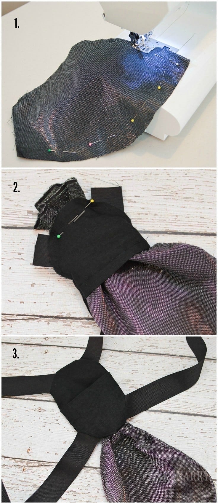 Sew an iridescent pouch to a black back pack to make DIY wings for a child's firefly costume for Halloween.