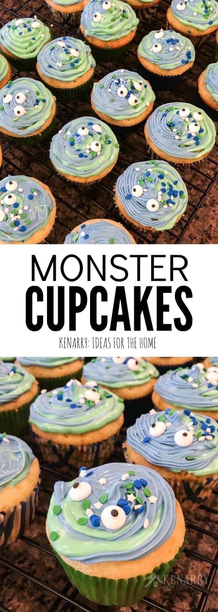 These monster cupcakes with blue and green swirl frosting would be a fun birthday treat or Halloween dessert. With this easy decorating tutorial, they could even pass as aliens!