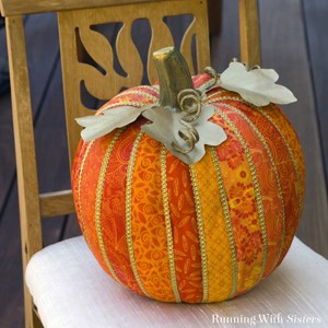 Make a faux quilted pumpkin for fall using calico fat quarters and ModPodge. A beautiful home accent and heirloom!