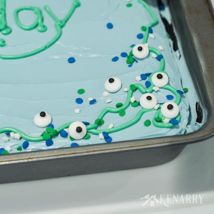 Candy eyeballs add a little extra something to this easy Minions Birthday cake for a Despicable Me party.