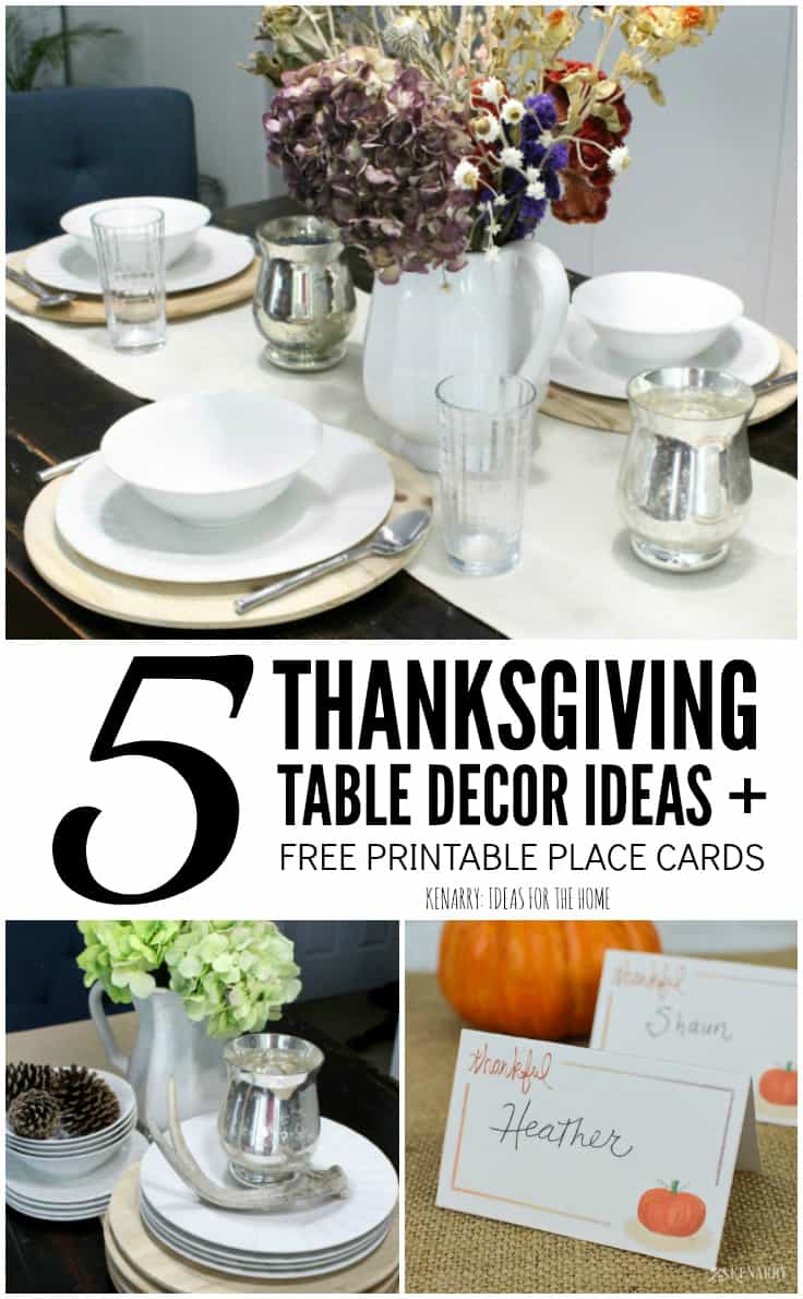 Use these 5 simple yet stylish ideas and tips along with free printable place cards to create a holiday dinner your family will enjoy. Thanksgiving table decor can be super easy with rustic farmhouse style touches like a burlap table runner.