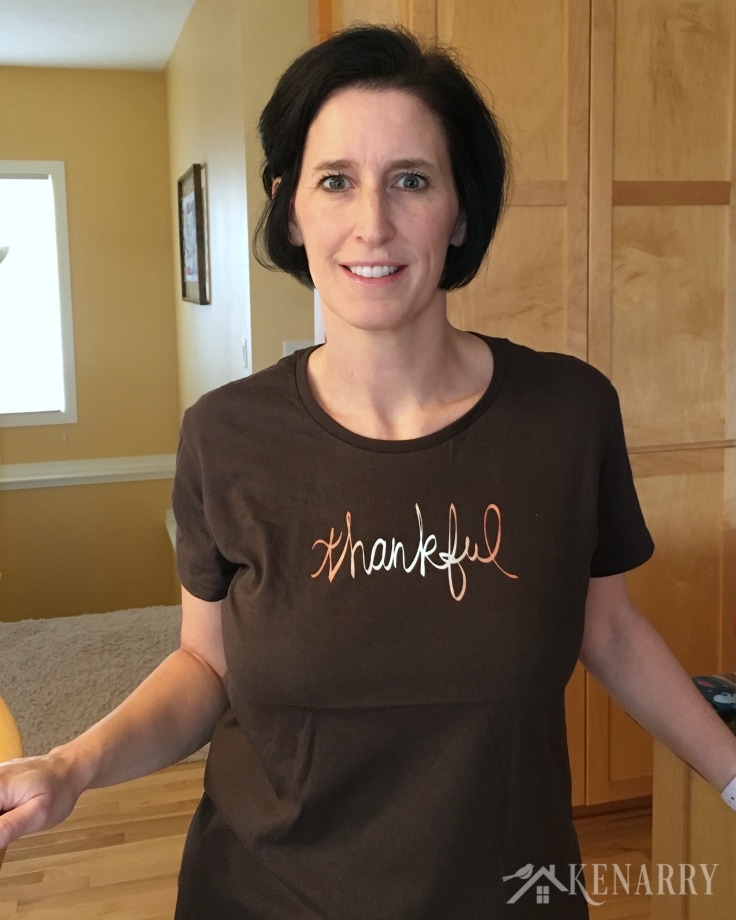Carrie wearing Thankful T-Shirt - Thanksgiving Family T Shirts from Kenarry
