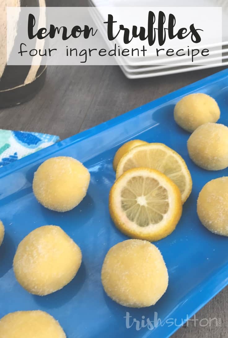 Lemon Truffles or cake balls with Four Simple Ingredients on a blue plate